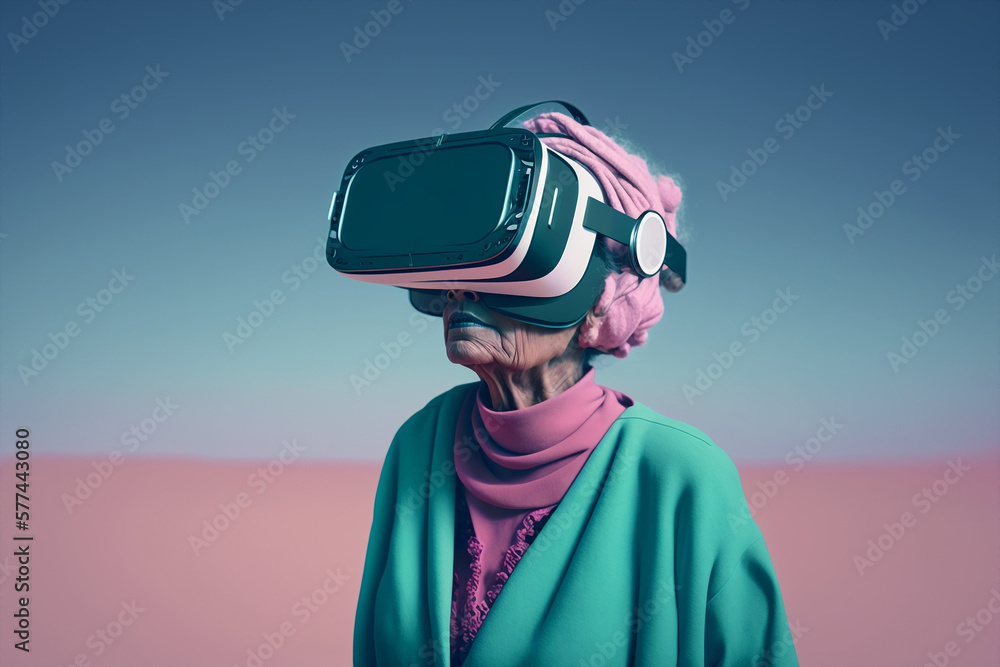 Generative ai senior woman using 3D vr goggles Generative ai senior woman using 3D vr goggles