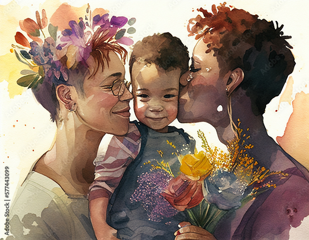 A Watercolor of a Young Lesbian Couple Celebrating Mothers Day with their Child | Generative AI