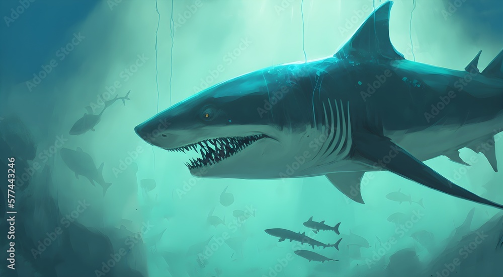 Obraz premium woman looking at the experimental shark in a big fish tank, digital art style, illustration painting, Generative AI