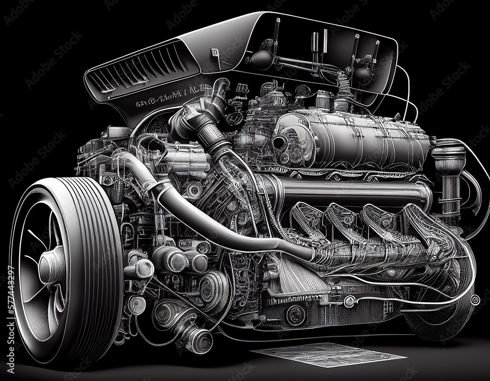 Black and White Diagram Drawing of a Detailed Engine Generative AI Stock Illustration Adobe