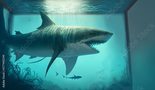 woman looking at the experimental shark in a big fish tank, digital art style, illustration painting, Generative AI © MG