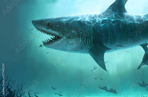 woman looking at the experimental shark in a big fish tank  digital art style  illustration painting  Generative AI