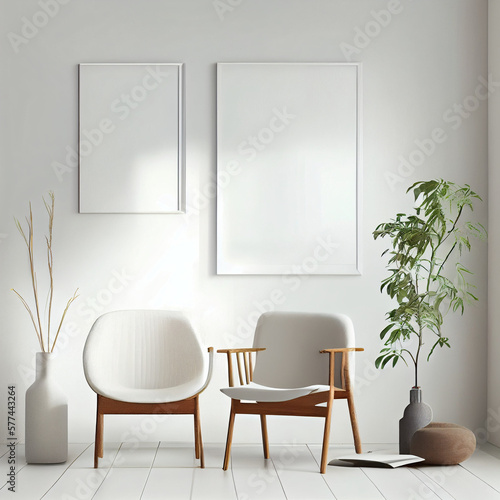 Blank picture frame mockup on white wall. Modern living room design. View of modern Boho style interior with chair, minimalism concept. Two vertical templates for artwork, painting Generative IA