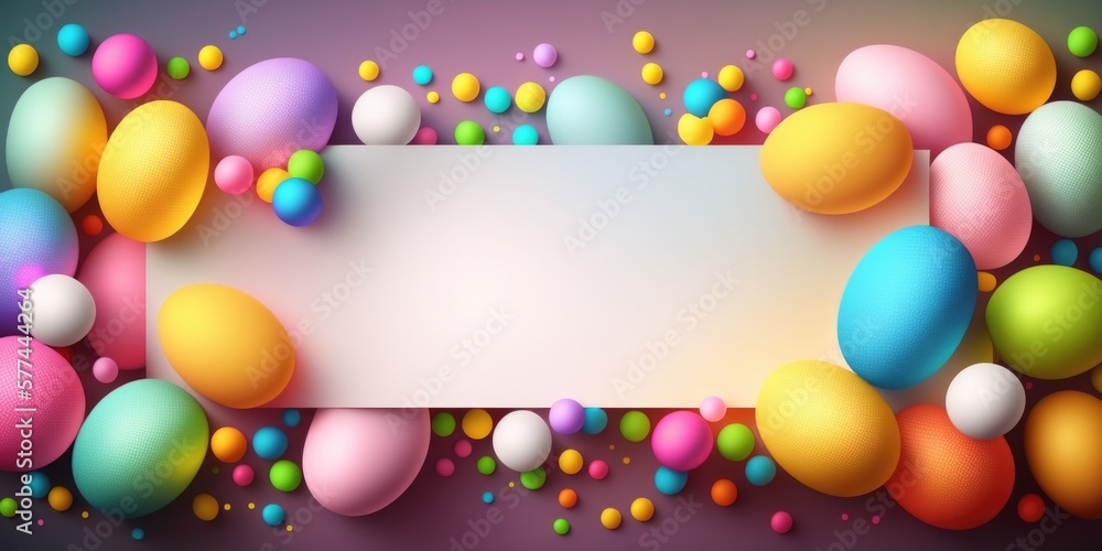 Happy Easter concept. Easter eggs decorations in spring colors design festive background with mock up template empty space for ads. Holiday sale special season promotions, mockup, AI generative. Happy Easter concept. Easter eggs decorations in spring colors design festive background with mock up template empty space for ads. Holiday sale special season promotions, mockup, AI generative.