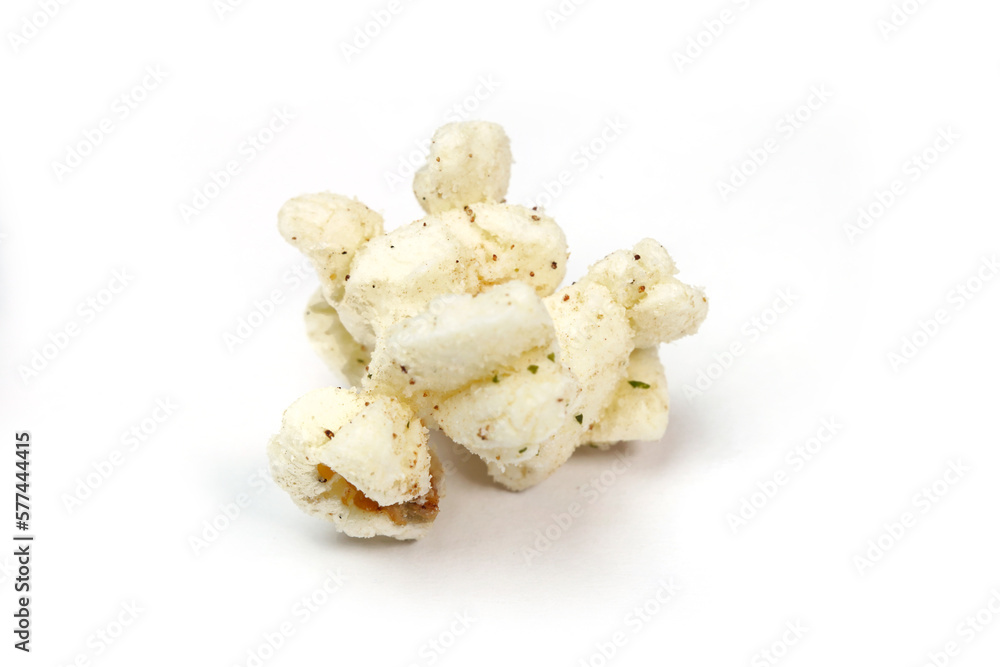 Popcorn Paper cup with lay on white paper popcorn isolated