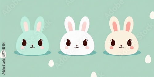 Cute adorable Easter bunny faces pattern in holiday illustration, three funny rabbit characters heads with ears on light green pastel background. Happy Easter concept. AI generative.