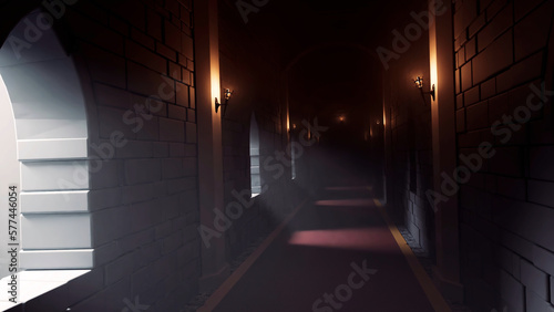 Dark castle corridor with hanging candles and red carpet. Design. Medieval interior of a fortress or castle.