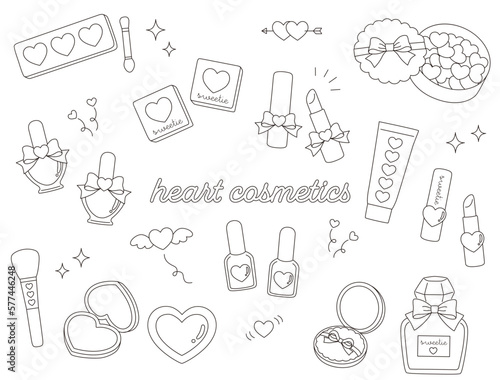 ハートのかわいいコスメ　イラスト素材セット　線画　ベクター