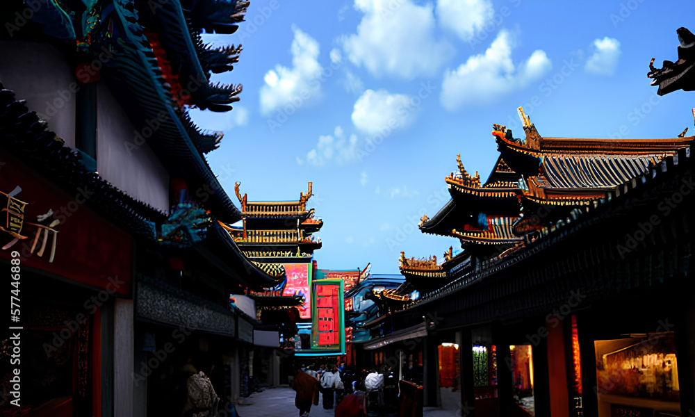 Ancient Oriental Chinese City Streets In The Afternoon Generative Art