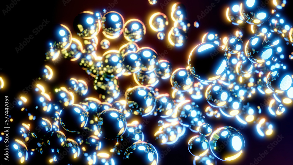 Abstract metal flying balls on a black background. Design. Silver spheres moving as a stream diagonally.