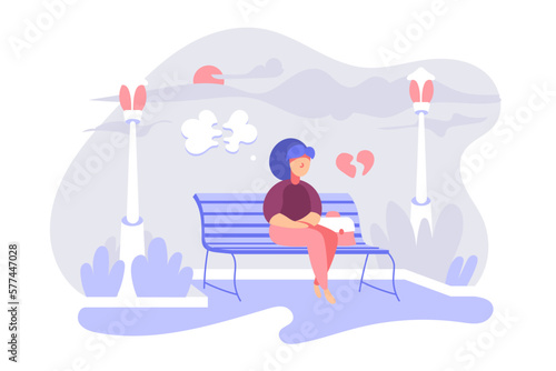 Vector illustration of a lonely woman and a broken heart.