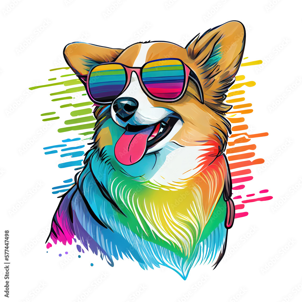 Colorful dog with sunglasses, Pembroke Welsh Corgi, Rainbow Colors, Isolated on transparent background. Generative AI