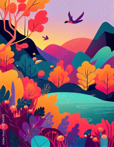 very colourful art illustration of a landscape in the autumn or fall season, generative ai photo