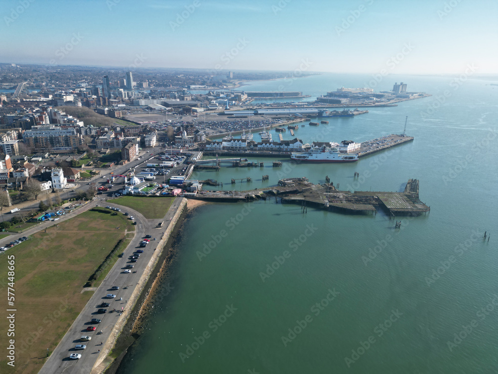 Elevated view of Southampton Docks in the sunshine