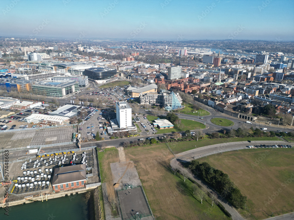 Elevated view of Southampton Docks in the sunshine