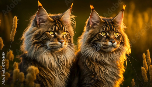 Close-up of two Maine coon cats outdoor during golden hour (created with Generative AI Technology)