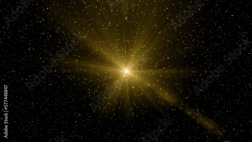 Abstract yellow lonely star in outer space. Motion. Glowing bright nebulae and starry cosmos on the background.