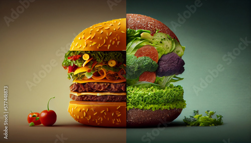 beef burger with half vegan burger, created by ai technology.