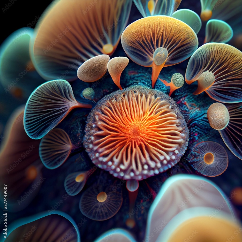 Hallucinogenic mushrooms look from a microscope. Hallucinogenic mushrooms look from a microscope.