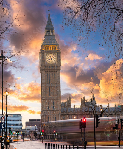 Photography Big Ben and Houses of Parliament in London, UK. Colorful sunrise