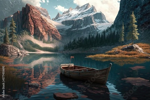 Boat on the mountain lake. Generative AI © Kanisorn