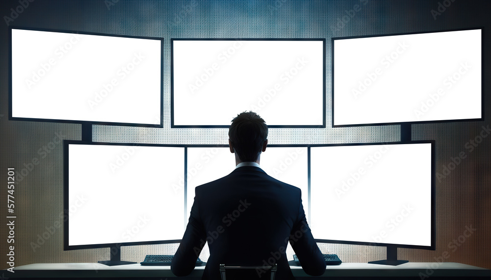 Man in a suit scanning cut out monitors in a control room. Based on