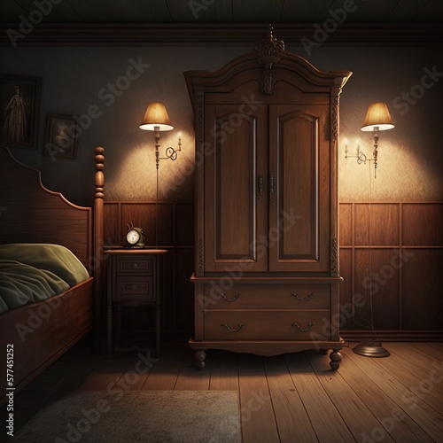 A room with a wooden cupboard.