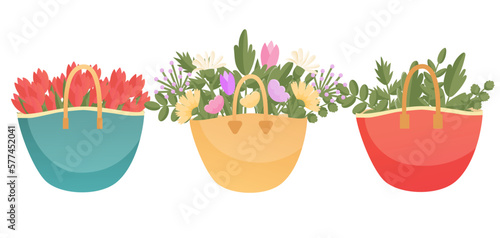 Set of straw bags with different flowers, colorful shopping tote bags, summer beach bags vector illustration