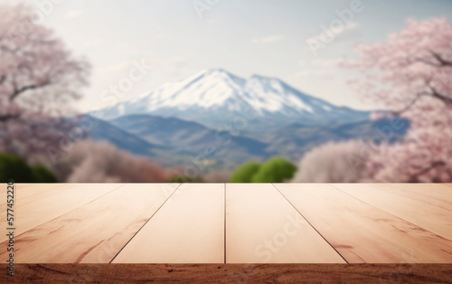 Empty wooden table top against white blurred Fuji mountian landscape background  for product  montage snow. Generative AI..