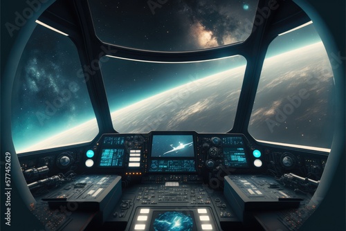 Fototapeta Naklejka Na Ścianę i Meble -  Outer view of spaceship window with control system room. Abstract discover new planet in space. Finest generative AI.