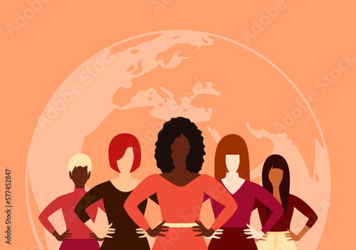 Women of different ethnic groups standing together on the background of the Earth globe. Vector illustration in flat style