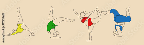 Body positive yoga set of girls in different asanas