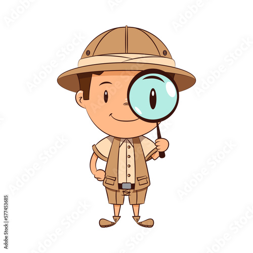 Child archaeologist holding magnifying glass
