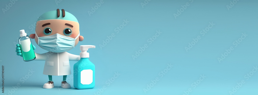banner with empty space. Cute Cartoon little doctor with a surgical mask and a bottle of hand sanitizer.. Character with Room for Copy. Empty flat background. Generative ai.