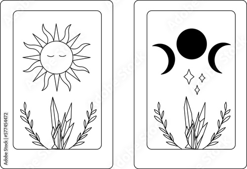 Illustration of the tarot card vector. Sun and moon line art vector.  Minerals, crystals, leaves vector. 