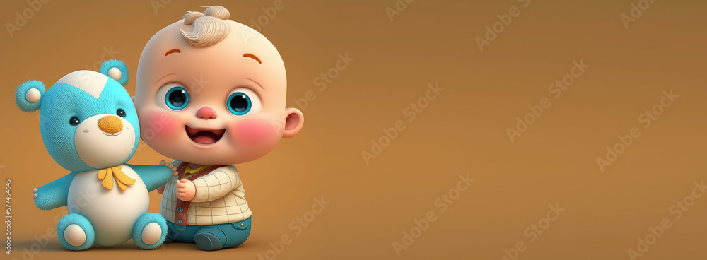banner with empty space. Cute Cartoon Baby holding a toy Character with Room for Copy. Empty flat background. Generative ai. banner with empty space. Cute Cartoon Baby holding a toy Character with Room for Copy. Empty flat background. Generative ai.