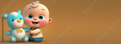 banner with empty space. Cute Cartoon Baby holding a toy Character with Room for Copy. Empty flat background. Generative ai.