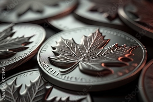Image of Canadian fine silver maple leaf coins as struck by the Royal Canadian Mint. Generative AI photo