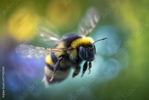 Bumblebee (Bombus terrestris) in flight, closeup. Bombus terrestris bumblebee, dumbledor. generative ai
 photo
