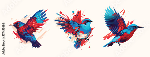 Birds colorful design. element decoration for posters and wall art, bird banner design stylish creative background music covers. red and blue colors modern art. bird wildlife in denamic pose vector 