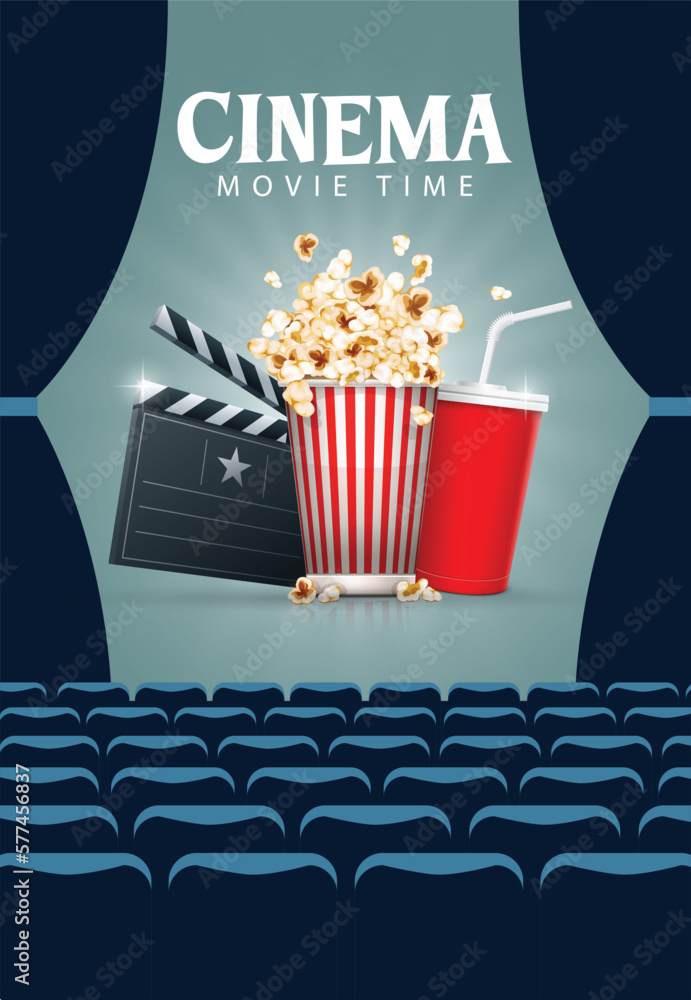 Clapper Banner Vetor de Cinema concept with popcorn, cold drink and film clapper ...