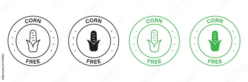 Corn Free Green and Black Circle Stamp Set. Free Fructose and Corn Icon. No Maize Allergy Ingredient Label. No Contain Maize Symbol. Not Corn Starch Allergen Logo. Isolated Vector Illustration Corn Free Green and Black Circle Stamp Set. Free Fructose and Corn Icon. No Maize Allergy Ingredient Label. No Contain Maize Symbol. Not Corn Starch Allergen Logo. Isolated Vector Illustration