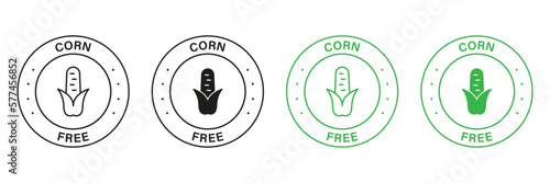Corn Free Green and Black Circle Stamp Set. Free Fructose and Corn Icon. No Maize Allergy Ingredient Label. No Contain Maize Symbol. Not Corn Starch Allergen Logo. Isolated Vector Illustration