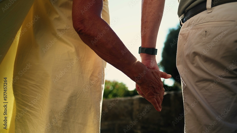 Back of two older people holding hands together standing outdoors in sunlight. Senior couple with hand held together. Resilience love and support concept