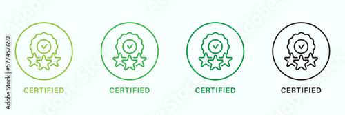 Certified Product Quality Line Green and Black Icon Set. Certificate Guarantee Outline Pictogram. Accredited Product Stamp with Stars. Control Symbol, Verified Seal. Isolated Vector Illustration