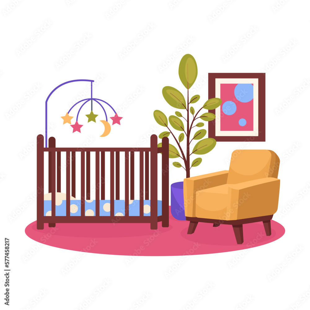 Obraz premium Bedroom interior. Children's room. Cradle, armchair, paintings, floor lamp, children's mobile. Vector graphic.