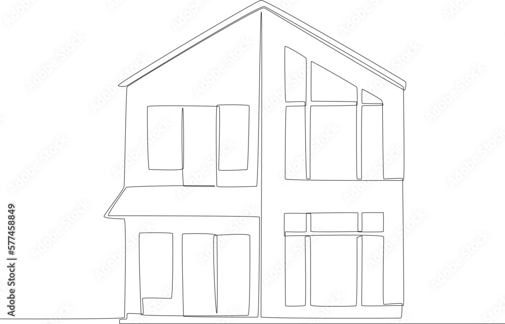 A modern two-floor house architecture with wide windows. Housing one line illustration. A modern two-floor house architecture with wide windows. Housing one line illustration.