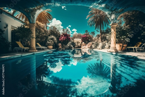 A beautiful swimming pool, refreshing, inviting, luxurious, tropical, sparkling, generative AI