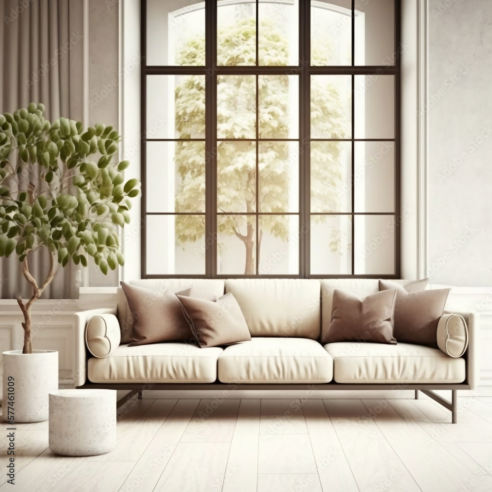 Fototapeta premium beautiful apartment large bright living room with sofa. Modern interior design. Space background for mockup. 3d rendering, interior background, living room, Scandinavian, generated by ai
