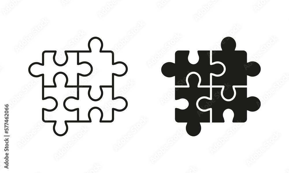 Puzzle, Solve Problem Silhouette and Line Icon Set on White Background. Teamwork and Solution Pictogram. Jigsaw Shape, Match Pieces Combination Icon. Editable Stroke. Isolated Vector Illustration Puzzle, Solve Problem Silhouette and Line Icon Set on White Background. Teamwork and Solution Pictogram. Jigsaw Shape, Match Pieces Combination Icon. Editable Stroke. Isolated Vector Illustration